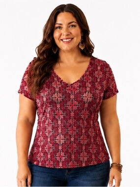 Roz & Ali Red and Pink Geometric Pattern Top 3x